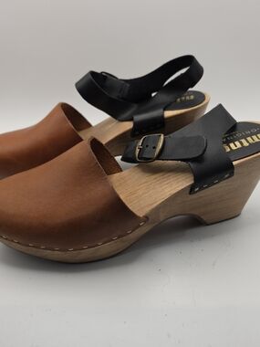 Mtng Zola Swedish Clogs Black Leather Ankle Strap Wooden Heels Womens 39